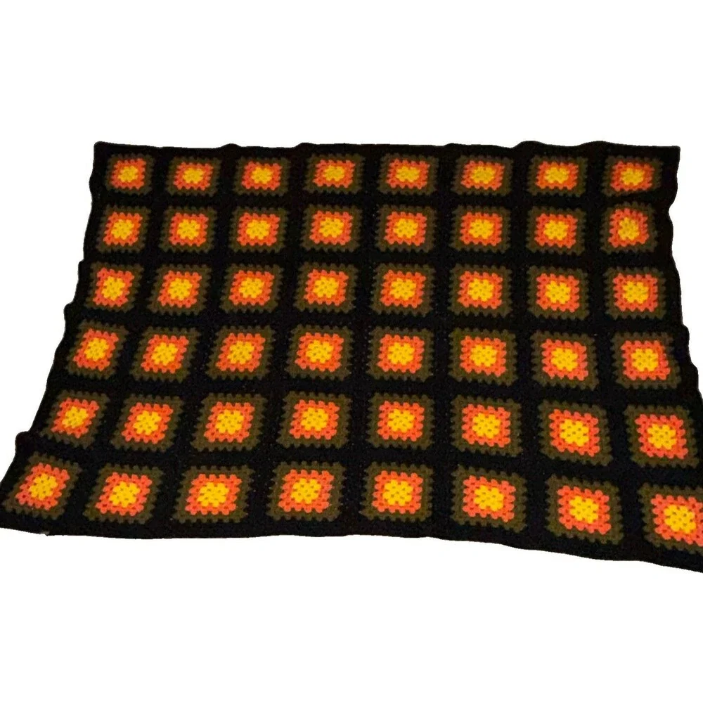Vintage Crochet Granny Square Sofa Throw Blanket Textured Geometric 52x41